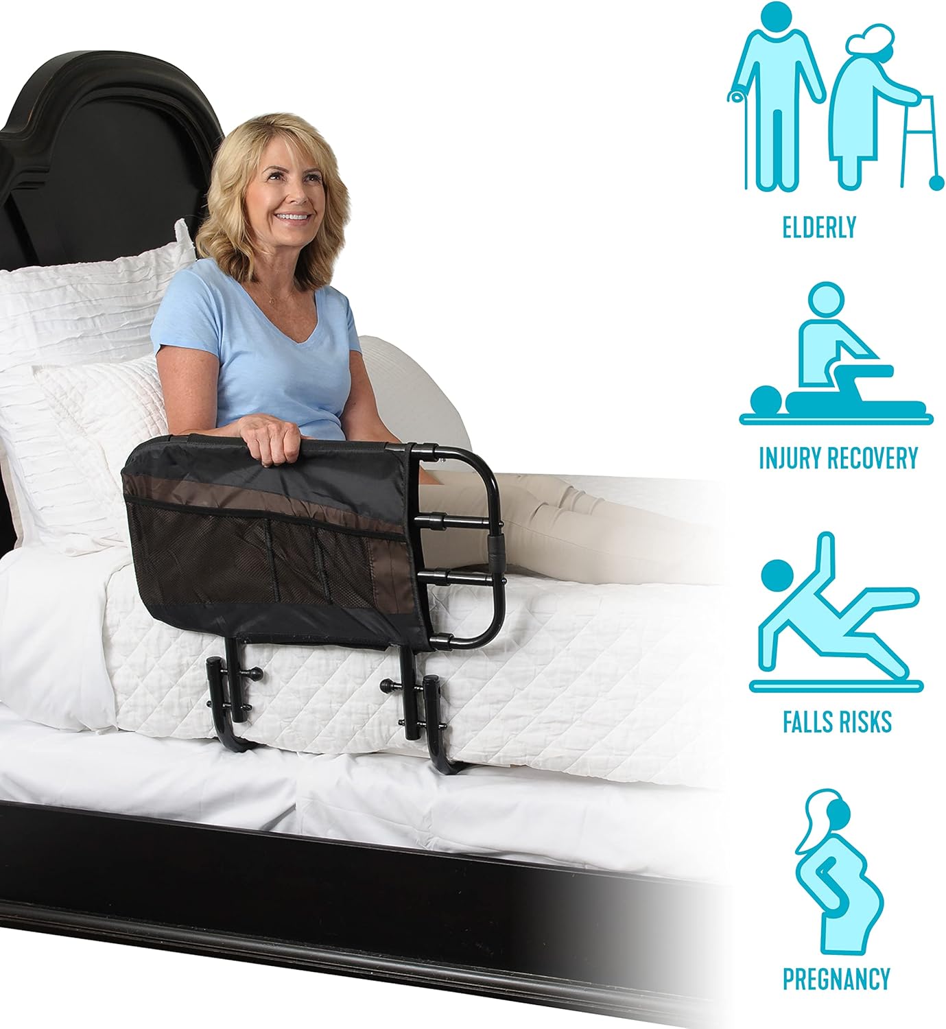 Stander EZ Adjust Bed Rail, Adjustable Senior Bed Rail and Bed Assist Grab Bar for Elderly Adults with Organizer Pouch