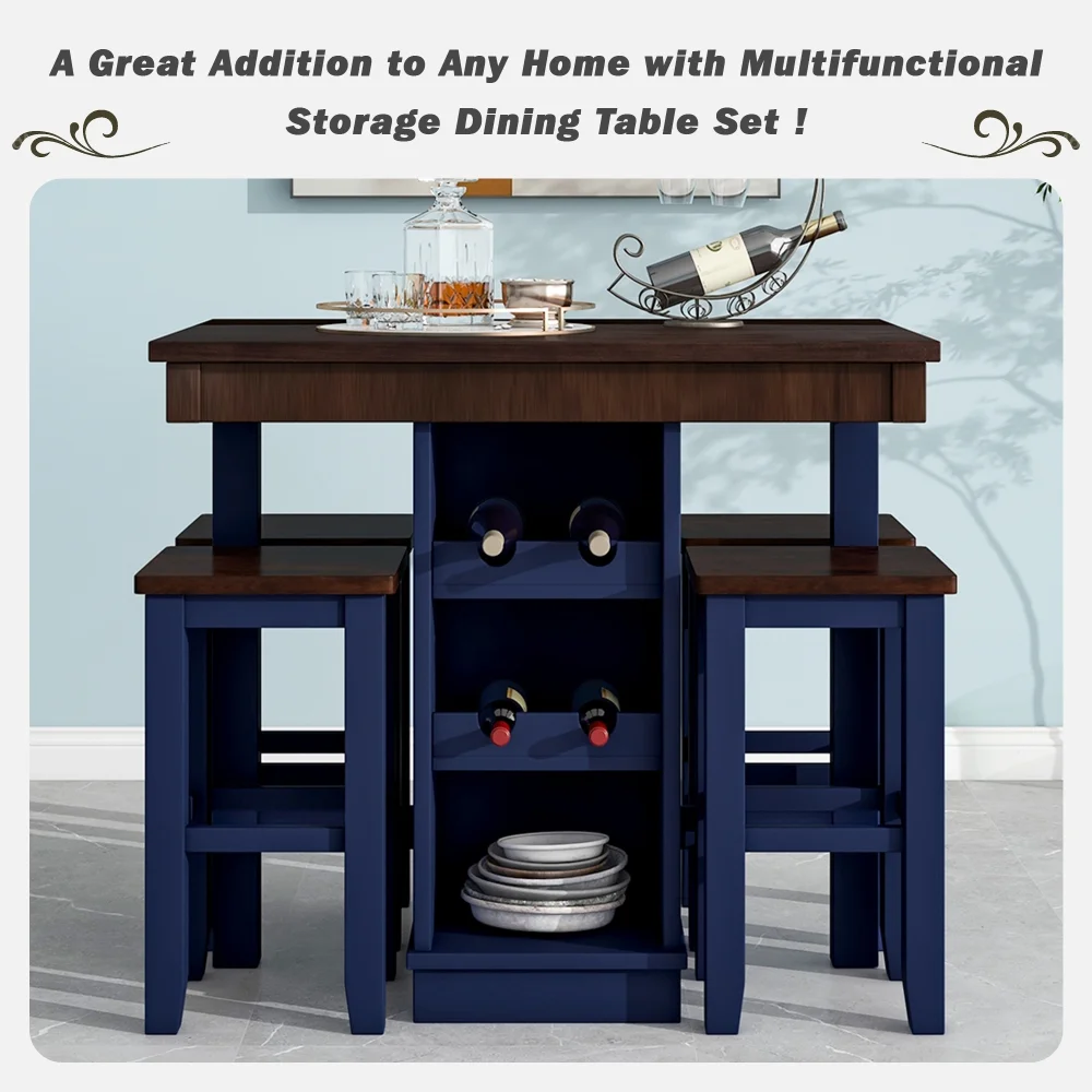 Farmhouse 5-Piece Counter Height Dining Sets, 4 Stools, Square Wood Table with 3-Tier Adjustable Storage Shelves and Wine Racks for Small Spaces