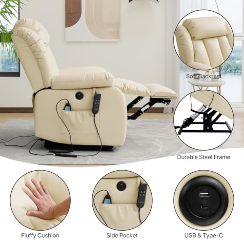 EDILLY Large Genuine Leather Power Lift Recliner Chairs for Elderly, Dual Motor with Massage and Heating,Double Lumbar Cushion and Extended Footrest