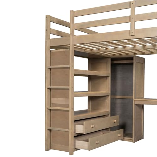 Harper & Bright Designs Full Size Loft Bed with Desk & Wardrobe, Wood Full Loft Bunk Bed with Storage Shelves and Drawers, No Box Spring Needed,White