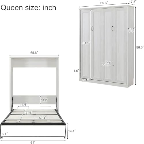 MERITLINE Queen Size Murphy Bed with Storage Bookcase Shelves,Cabinet and Charging Station,Wood Folding White Murphy Wall Bed