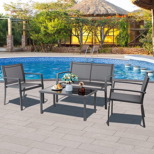 Vongrasig 4 Pieces Patio Furniture Sets,Outdoor Patio Conversation Sets with Glass Coffee Table, Small Porch Balcony Furniture