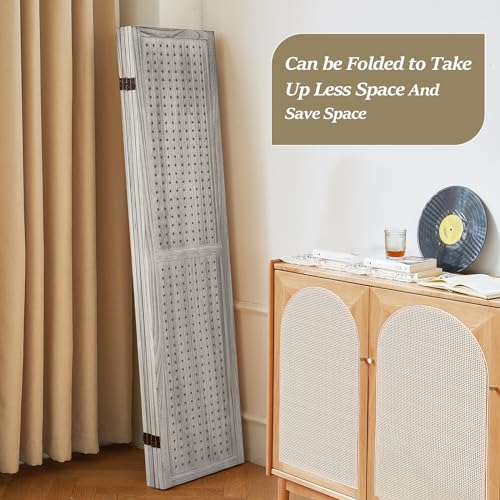 4 Panel Room Dividers and Folding Privacy Screens, 5.6Ft Wooden Pegboard Display, Privacy Dividers for Bedroom