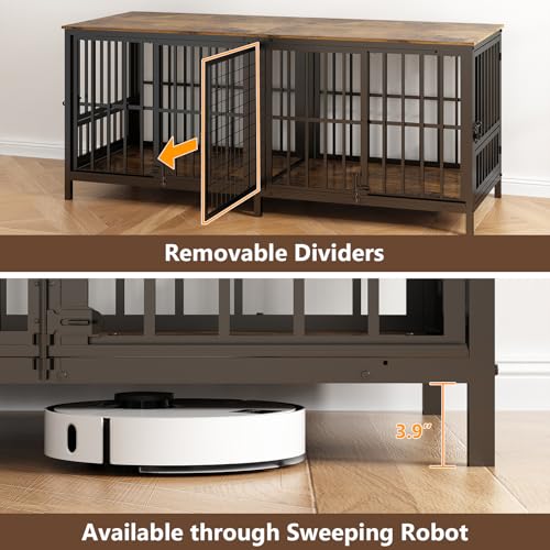 Extra Large 80" Dog Crate Furniture for 2 Dogs, Double Dog Crates for Large Dogs with 2 Dog Bowl, Wooden Pet Cage with Removable Divider