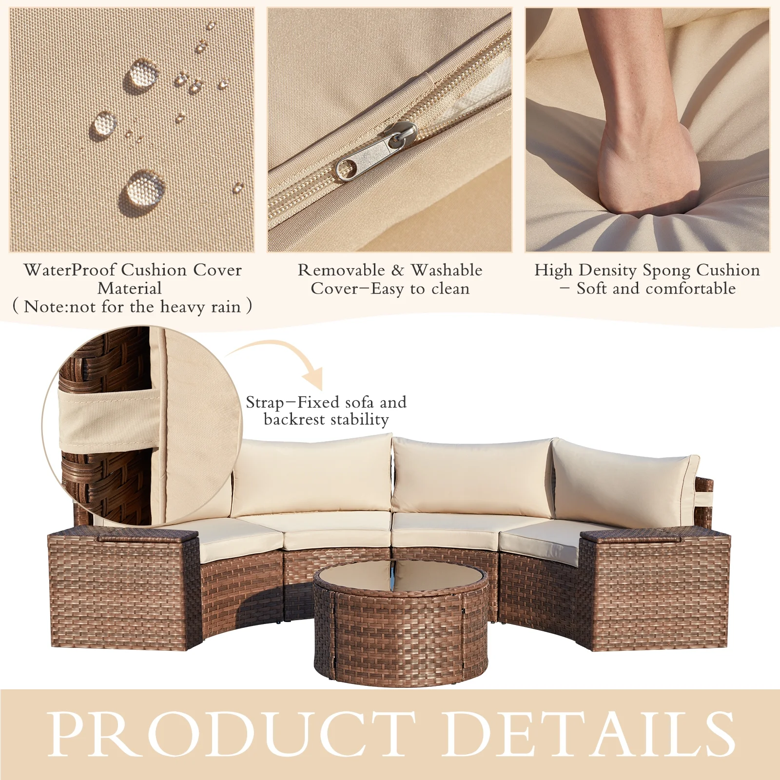 AVAWING 7-Piece Half Moon Patio Set, Wicker Sectional Sofa, Glass Table, Waterproof Covers (Beige)
