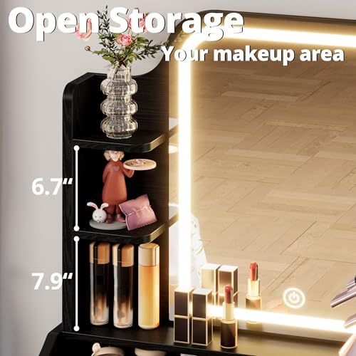 LIKIMIO Small Makeup Vanity Desk with Mirror and Lights, Vanity Table Set with Storage Drawer, Chair and Three Shelves, Bedroom, White