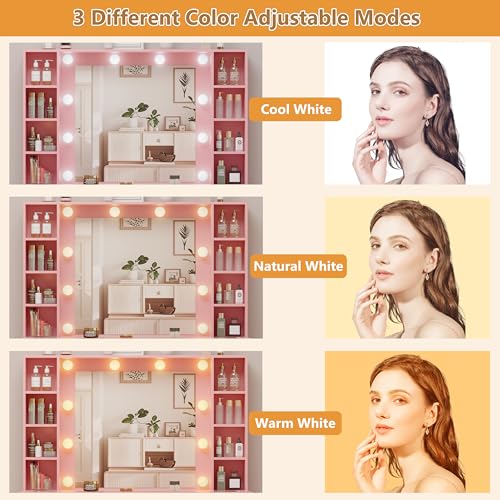 White Vanity Desk with Mirror and Lights, Glass Top Vanity with Lighted Mirror & RGB Glass Cabinet and 3 Drawers
