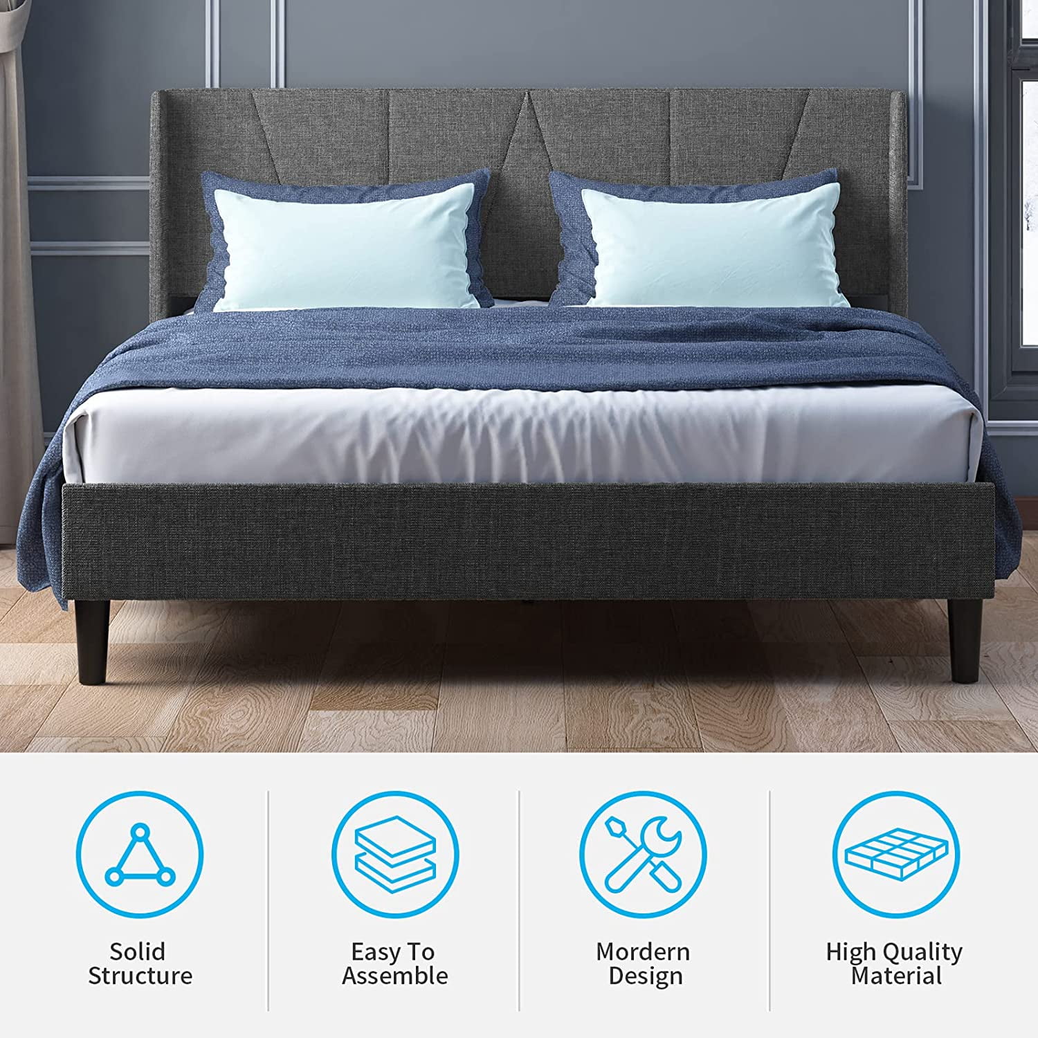 sell well Mjkone Full Upholstered Wingback Platform Bed Frame with Modern Headboard/Mattress Foundation with Wood Slat Support No Box Spring