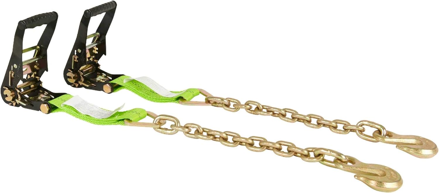 Mytee Products (8 Pack) 2 x 8' Car Tie Down Lasso Ratchet Strap with Chain Anchor - High Viz Green Tire Straps for Car Trailer