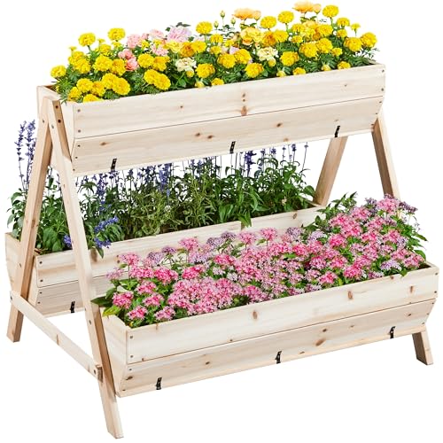 Yaheetech 44 x 36.5 x 35.5 Wooden Raised Garden Bed with Legs 3 Tiers Elevated Garden Bed Raised Planter Box Outdoor for Flowers Planter Gardening