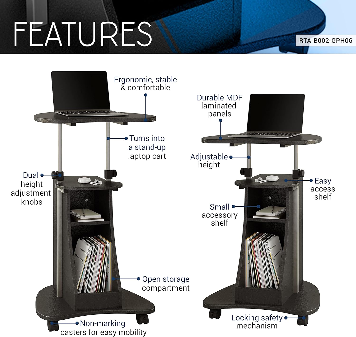 Techni Mobili Sit-to-Stand Rolling Adjustable Height Laptop Cart with Storage, Graphite