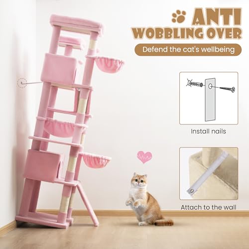SHA CERLIN 81in Multi-Level Tall Cat Tree Tower for Indoor Kitties/Larger Cat Condo Furniture with Hammock/Cozy Pussycat Perches/Sisal Scratching