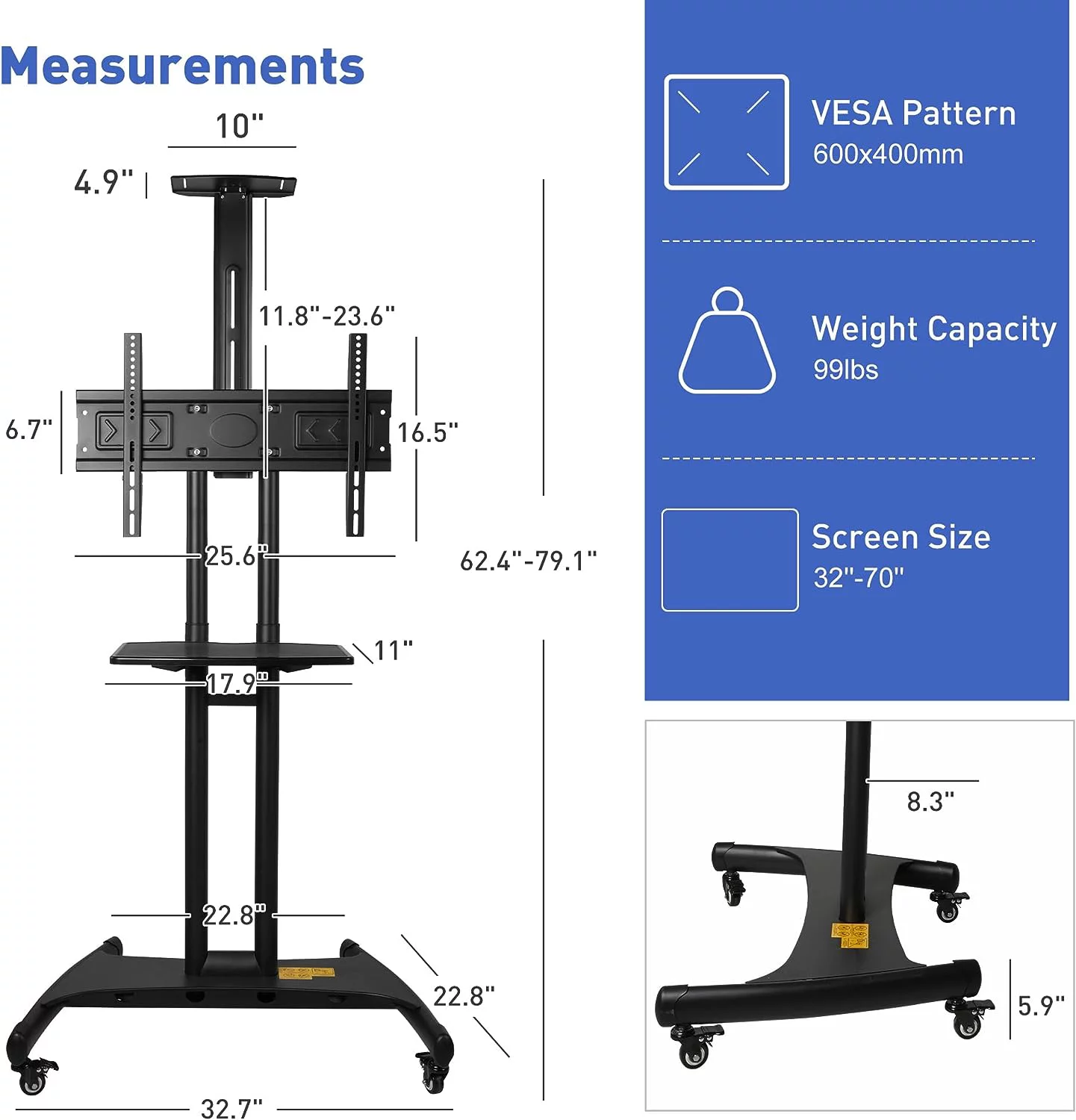 Mobile TV Cart TV Stand with Wheels for 32 to 70 inch Screens up to 99 lbs, Height Adjustable Rolling TV Cart with Camera