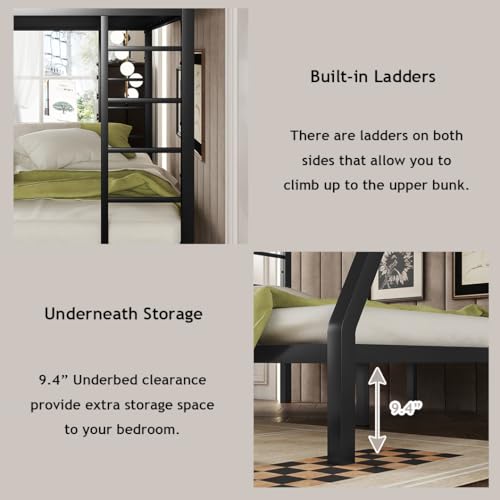 Heavy Duty Bunk Bed Frame with Ladder, Twin XL Over Twin XL Bunk Beds with Safety Guardrails, Adults Bunk Beds with Noise-Reducing Rubber Stoppers