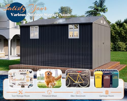AMERLIFE 10.1x11.5x7.4 FT Galvanized Steel Storage Shed with Skylight Panels, 2 4-Pane Windows & Hinged Double Doors, Outdoor Shed for Backyard