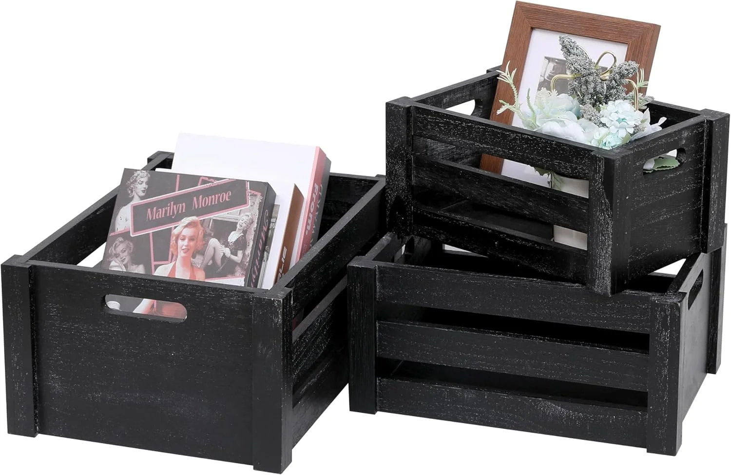 Large Classic Black Wooden Crates For Dispaly,Set Of 3 Wood Crates With Handles,Rustic Handmade Wood Boxes For Storage Or Display