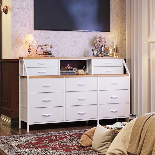 55" W Dresser for Bedroom, Dressers & Chests of Drawers with 13 Fabric Drawers and 2 Open Shelves, Long Vanity Dressers for Bedroom & Closet