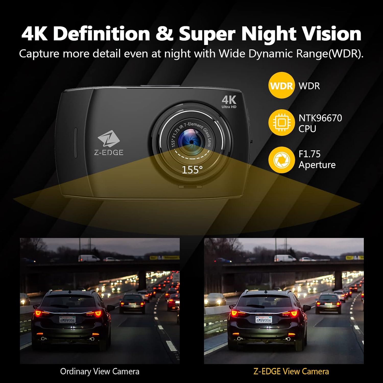 Z-Edge 4K Dual Dash Cam Built-in WiFi, Touch Screen Front and Rear Dash Cam FHD 1080P with Night Mode, 32GB Card Included,155 Degree Wide Angle, WDR