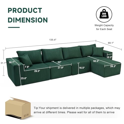 107.4" Cloud Couch Sectional, Modular Sofa with Deep Seat, Plush Corduroy L Shaped Boneless Couch, Convertible Sectional Couches for Living Room