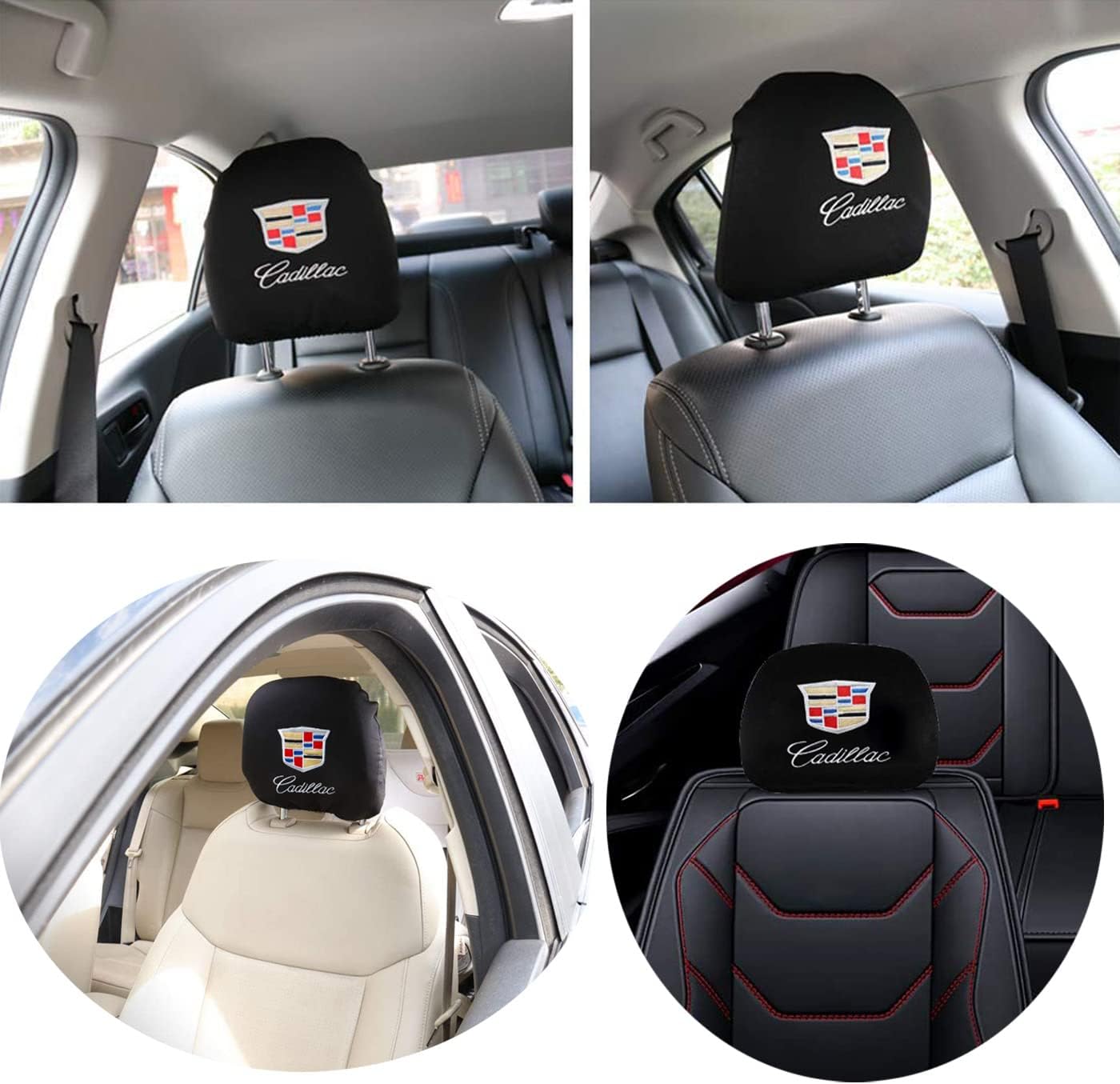 Lan yu 2Pcs Universal Cadillac Embroidered Headrest Cover ,Black Soft Elastic Auto Headrest Covers Fit for Cadillac Vehicles Interior Accessories