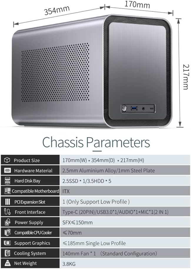 JONSBO N1 Mini-ITX NAS Chassis, ITX Computer Case, 5+1 Disk Bays NAS Mini Aluminum with Steel Plate Case, Built-in 14cm Fan, Only SFX Power Bite