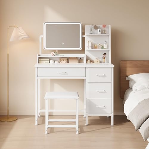 Makeup Vanity Desk with Mirror and Lights, Small Vanity with Fabric Storage Drawer & Chair & Shelves, White Compact Makeup Vanity Set for Bedroom