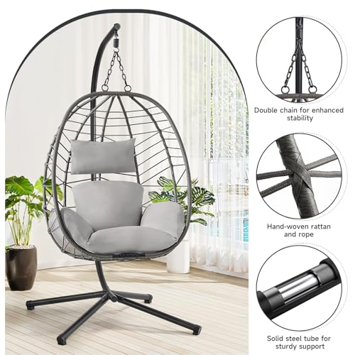 Hanging Egg Chair with Stand, Outdoor Indoor Egg Swing Chair with Cushion Headrest, Wicker Rattan Egg Chair with Dual Chains