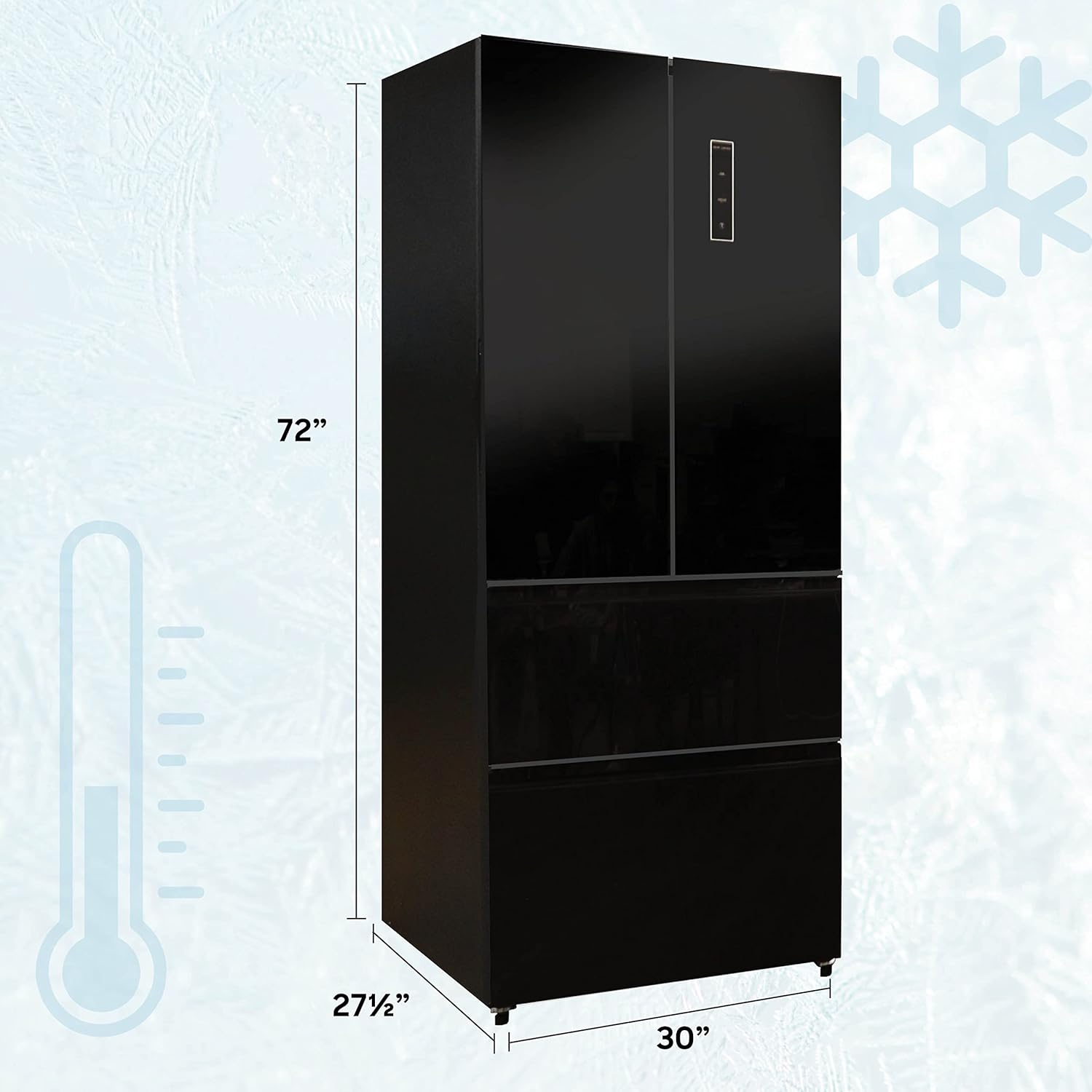 Everchill RV Refrigerator, 110V Fridge, 16.2 CU FT Capacity, 30 Inch Width, Frost Free, French Doors, Black with Glass Front