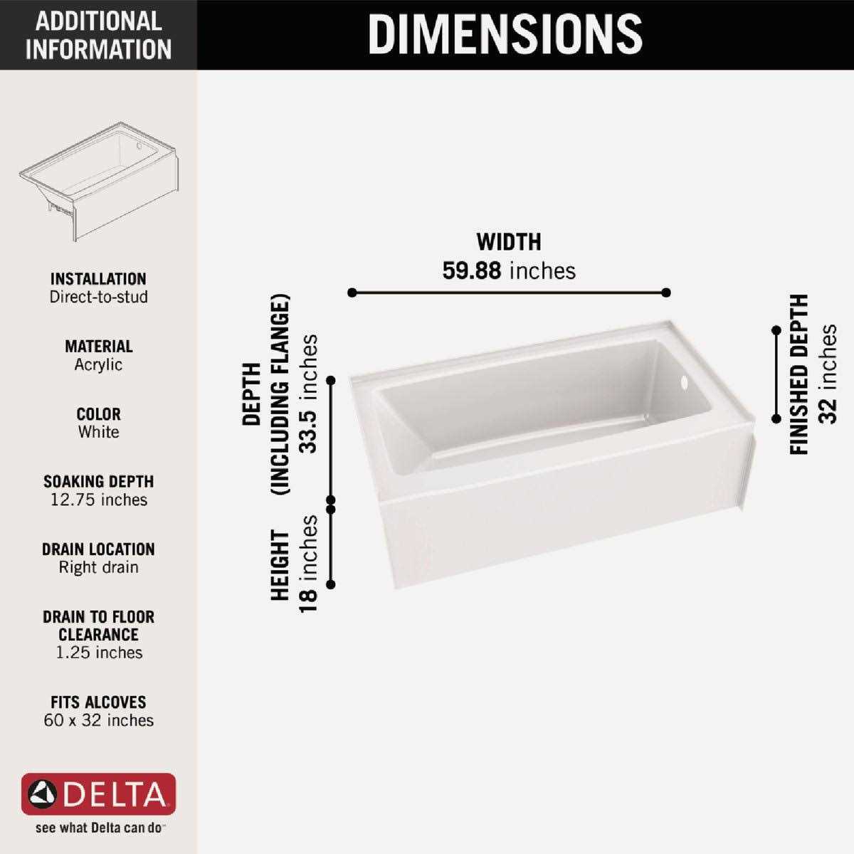Delta Classic 500 60 in. Right Drain Rectangular Alcove Bathtub - Shop Hardware Tools Online Store