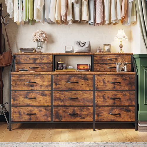 55" W Dresser for Bedroom, Dressers & Chests of Drawers with 13 Fabric Drawers and 2 Open Shelves, Long Vanity Dressers for Bedroom & Closet