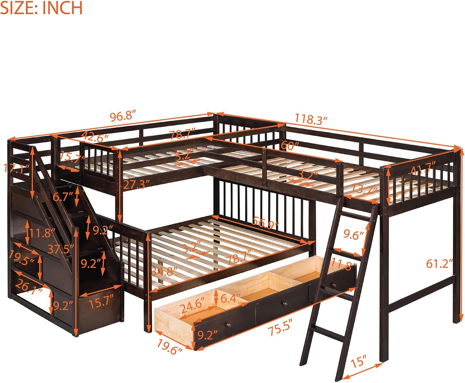 Bellemave L-Shape Triple Bunk Beds with Stairs and Storage Drawers Twin Over Full Bunk Bed Attached a Loft Bed with Drawers Wood Corner Bunked for 3