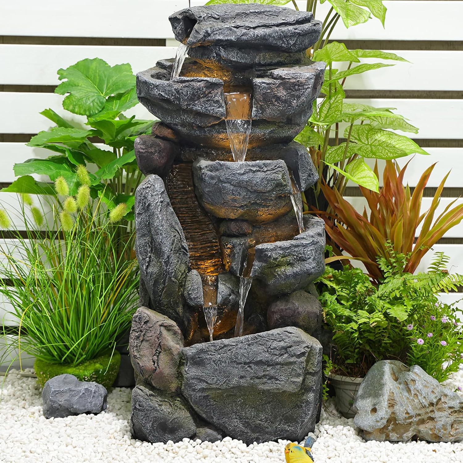 5-Tiered Rock Water Fountain Outdoor Garden - 31.5”Waterfall Fountain Outdoor Water Fountain with Light Cascading Waterfall for Patio,Garden,Grey