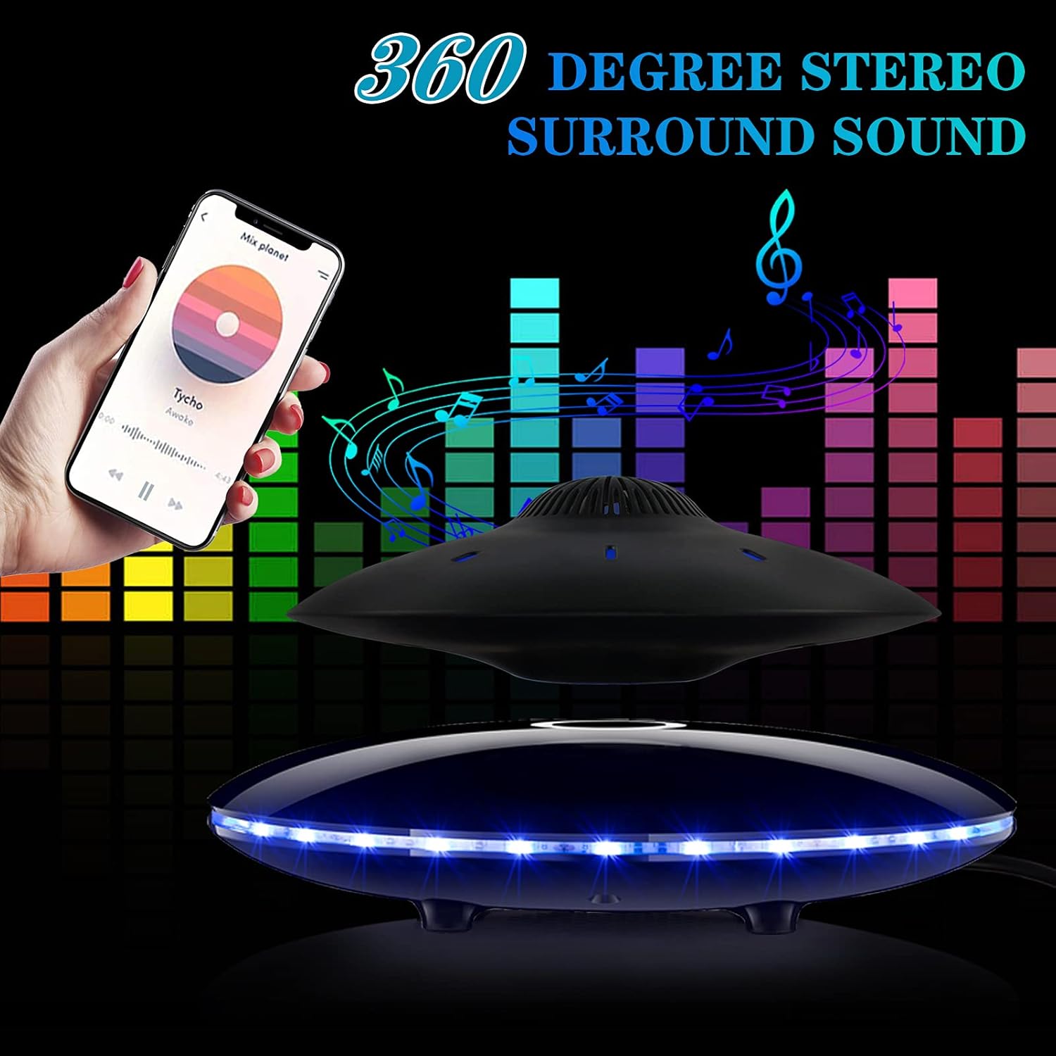 Magnetic Levitating Bluetooth Speaker, RUIXINDA Levitating UFO Speakers with LED Lights Base 360 Degree Rotation