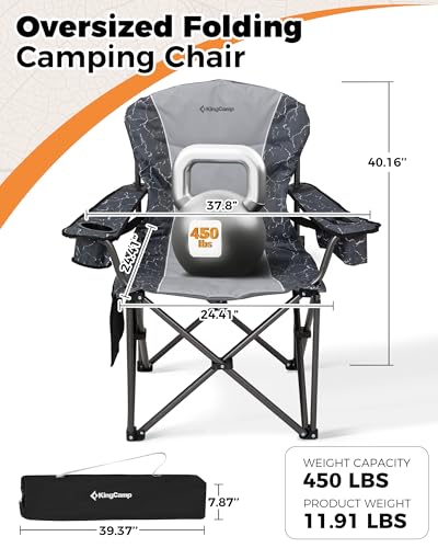 KingCamp Oversized Camping Folding Chair, Heavy Duty 450 LBS with Lumbar Support, Padded Outdoor Chair with Cup Holder