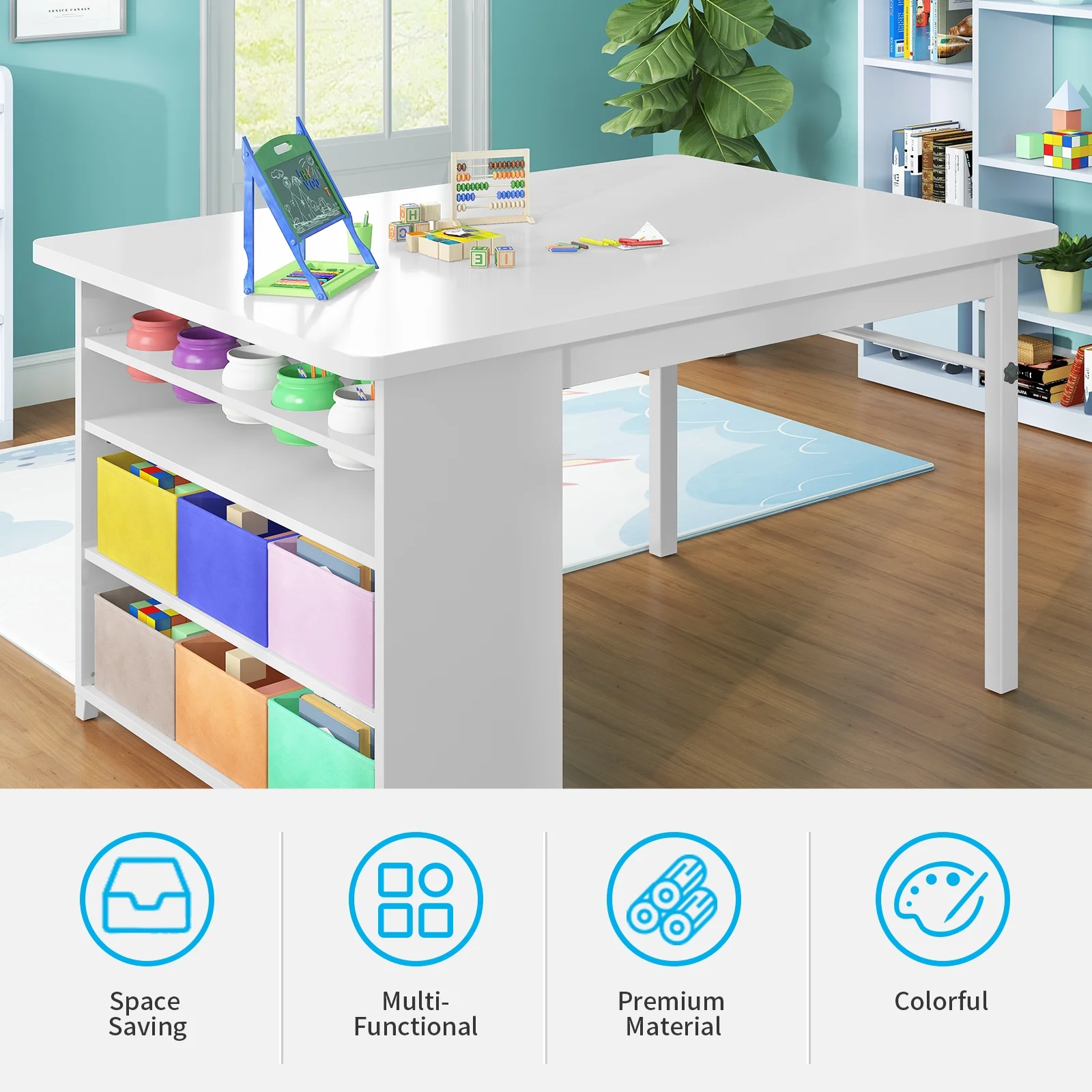 BALUS Modern Kids' Art Table and Stools Set (White), Wooden Drawing and Painting Desk with Paper Roller and Removable Craft Supplies Storage Bins