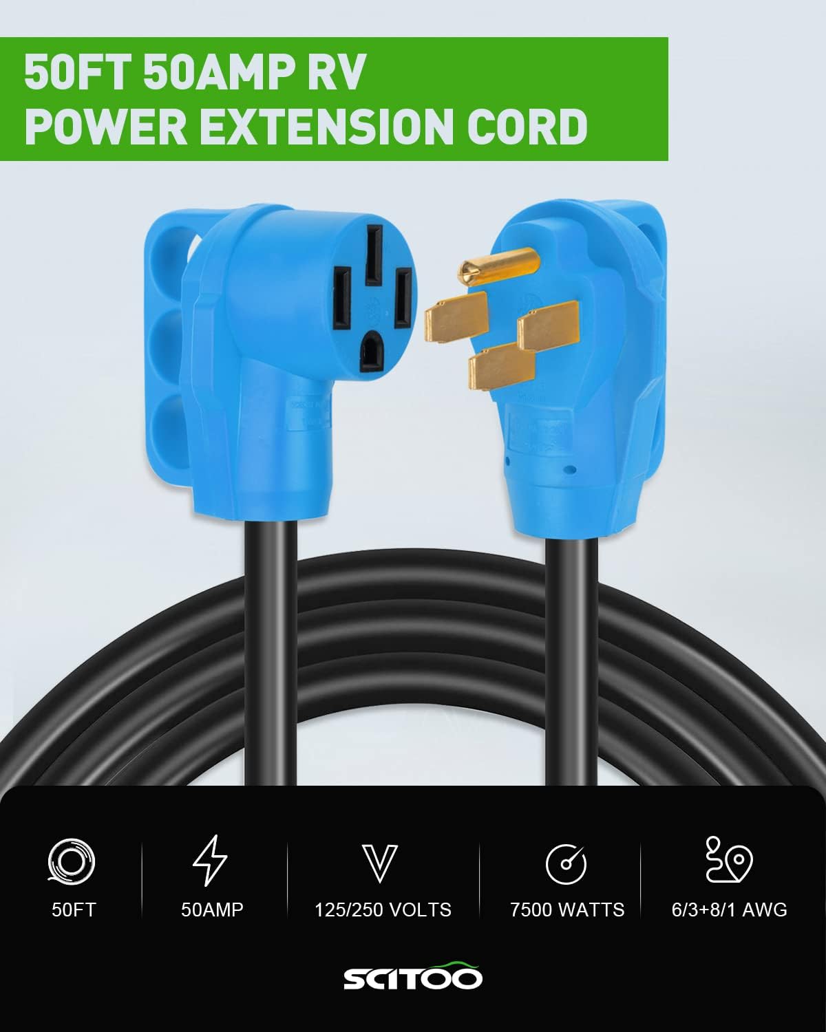 SCITOO 50 FT RV Cord 50 Amp RV Extension Cord Power Supply Cable, for Trailer Motorhome Camper with Handle, Heavy duty Extension Cords