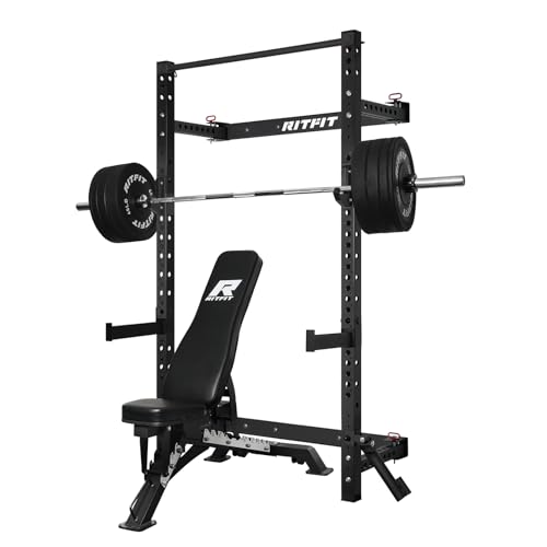 RitFit Multi-Functional Folding Squat Rack for Home Gym, 2.36'' x 2.36'' Wall Mounted Squat Rack with Attachments - Space Saving Squat Power Rack