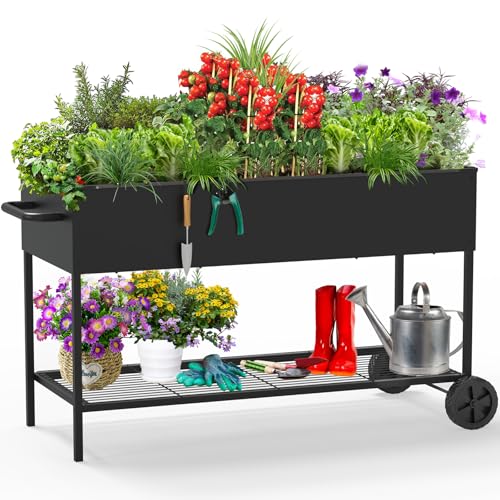 51 &times; 26 &times; 32 Inches Raised Garden Bed with Legs/Storage Shelf, Mobile Planter Box for Outdoor Plants, Elevated Garden Bed for Backyard