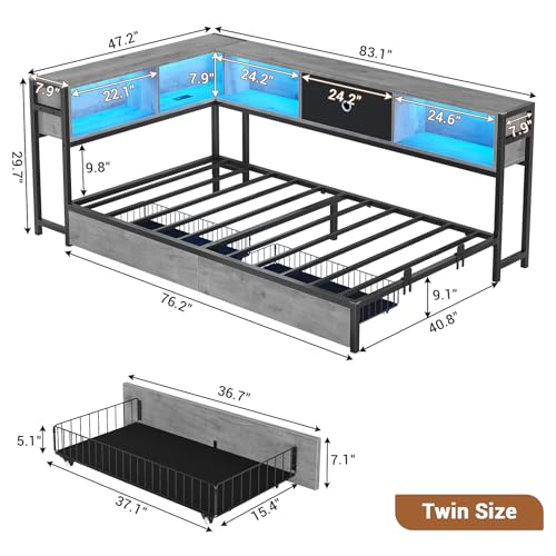 Hasuit Corner Bed Frame with Storage Bookcase, Twin Daybed with Storage Drawers Underneath, Kids Bed Unit with Charging Station and LED Light
