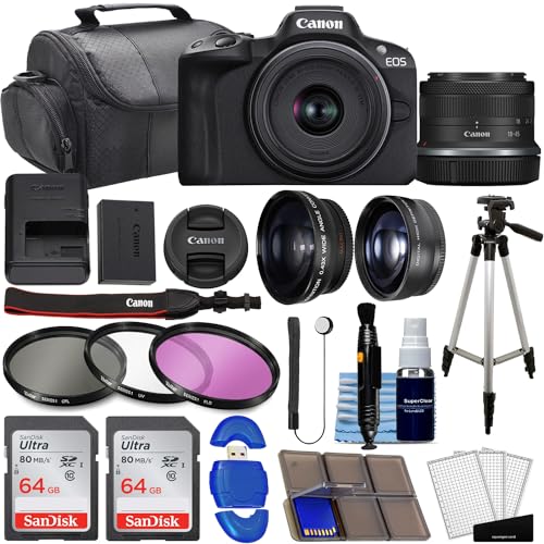 Canon EOS R50 Mirrorless Digital Camera Body Black with Canon RF-S 18-45mm f/4.5-6.3 is STM Lens 3 Lens Kit with 128GB Memory + 3pc Filter Kit + Case