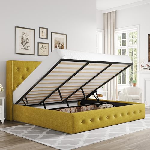 Allewie Full Size Lift Up Storage Bed, Modern Wingback Headboard, Hydraulic Support, No Box Spring Needed, Light Beige