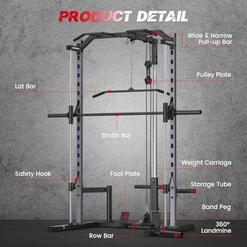 Smith Machine with LAT-Pull Down, Multi-Functional Smith Machine, Power Cage with Cable Crossover, Squat Rack with Landmine, Barbell Bar