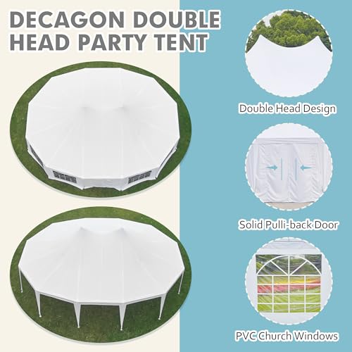 EROMMY 26x19ft Party Tent, White Wedding Tent, Decagonal Heavy Duty Canopy with 8 Removable Sidewalls, 8 Church Windows and 2 Pull-Back Doors