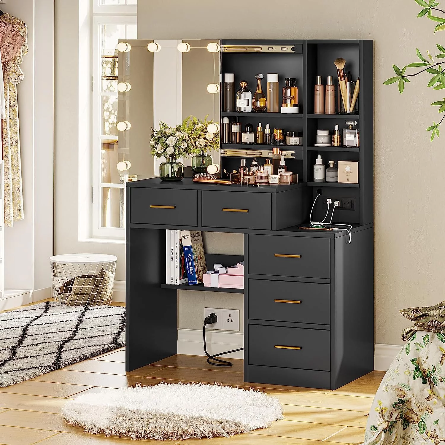 Vanity Table with Charging Station, Modern Dressing Table with 5 Drawers, Black
