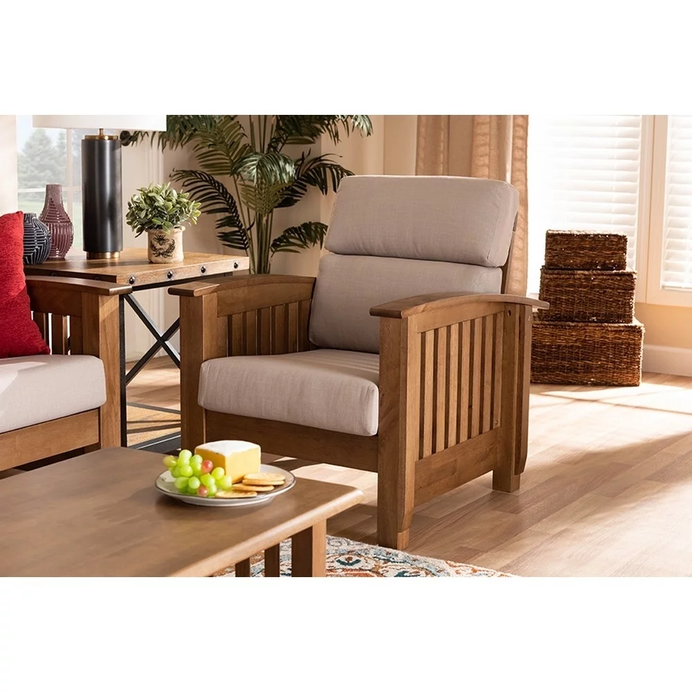 Charlotte Modern Classic Mission Style Taupe Fabric Upholstered  Wood 1-Seater Lounge Chair