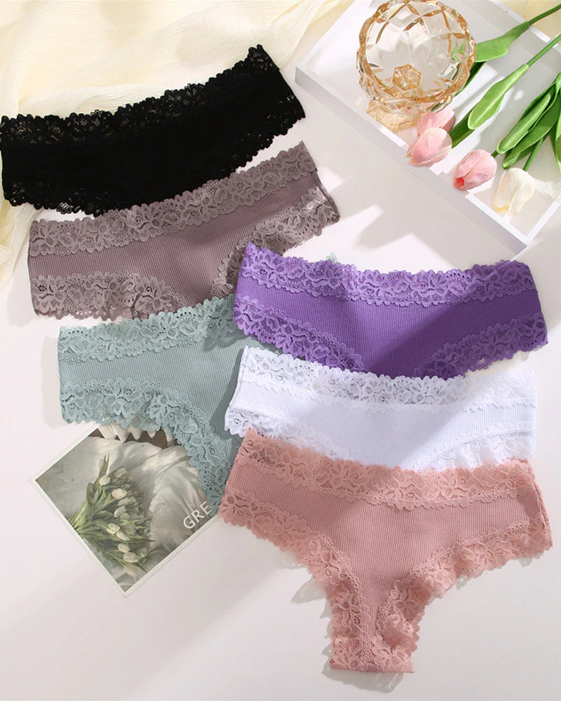 Ribbed Cotton Lace Mid-Rise Panty(9 pack）
