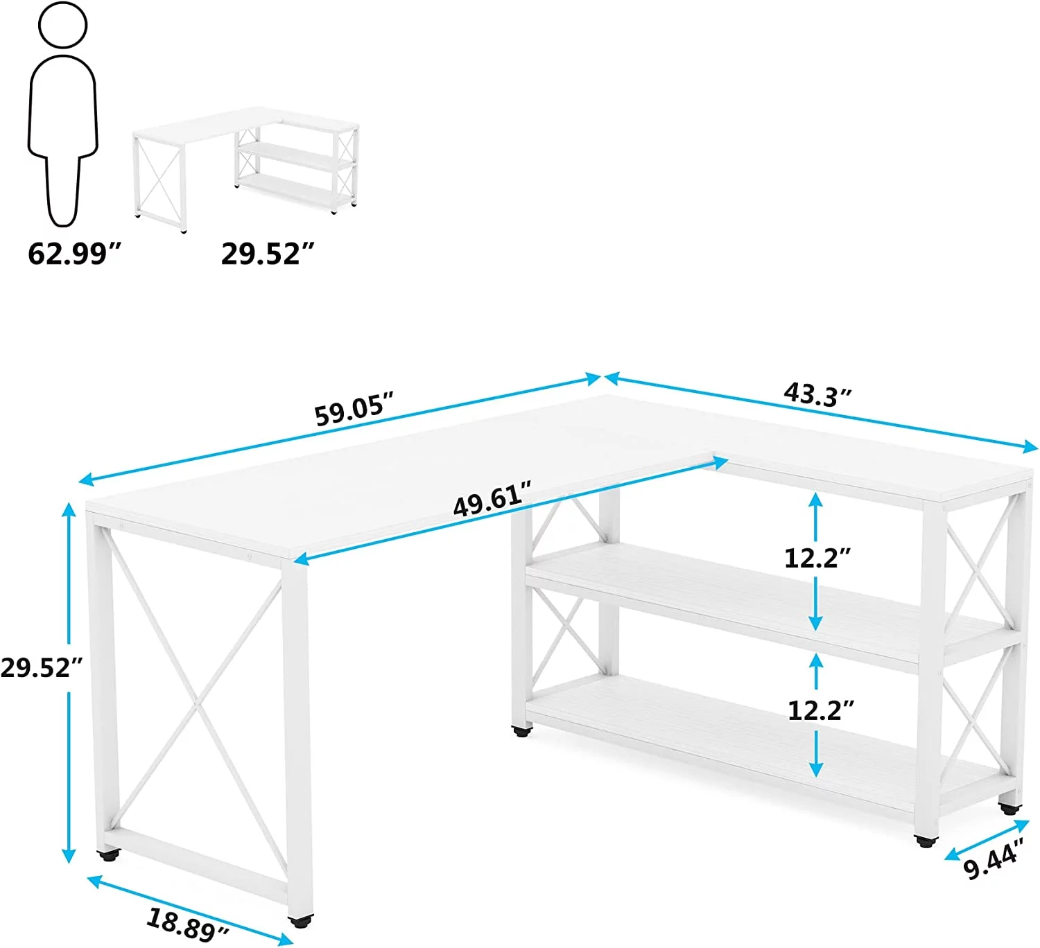 Tribesigns 59" Working Gaming Table, Reversible Computer PC Desk with 2 Shelves for Home Office, White