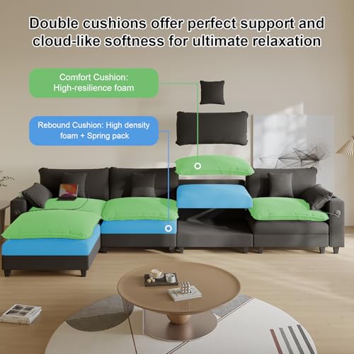 Modular Sectional Sofa, Cloud Couch with Ottoman, Charging Station, Throw Pillows, Cup Holders, Modern Convertible U Shaped Couches for Living Room