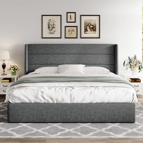 Allewie Full Size Lift Up Storage Bed, Modern Wingback Headboard, Hydraulic Support, No Box Spring Needed, Light Beige
