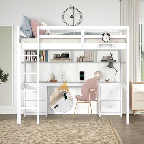 Full Size Loft Bed with L-Shaped Desk, Wardrobe and Storage Shelves, Solid Wood Bedframe w/Safety Guardrails & Ladder for Kids Teens Adults